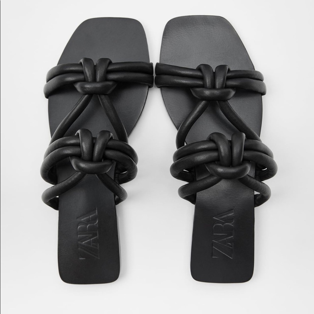 Zara Black Tube Leather Knotted Flat Sandals 38